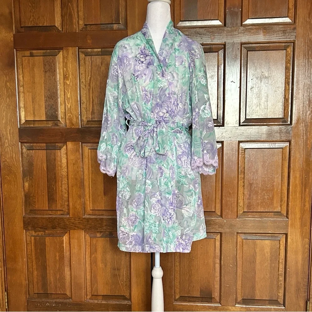 Vtg LA Intimates Robe Large Purple Green Floral Sheer Kimono Cottagecore 80s 90s